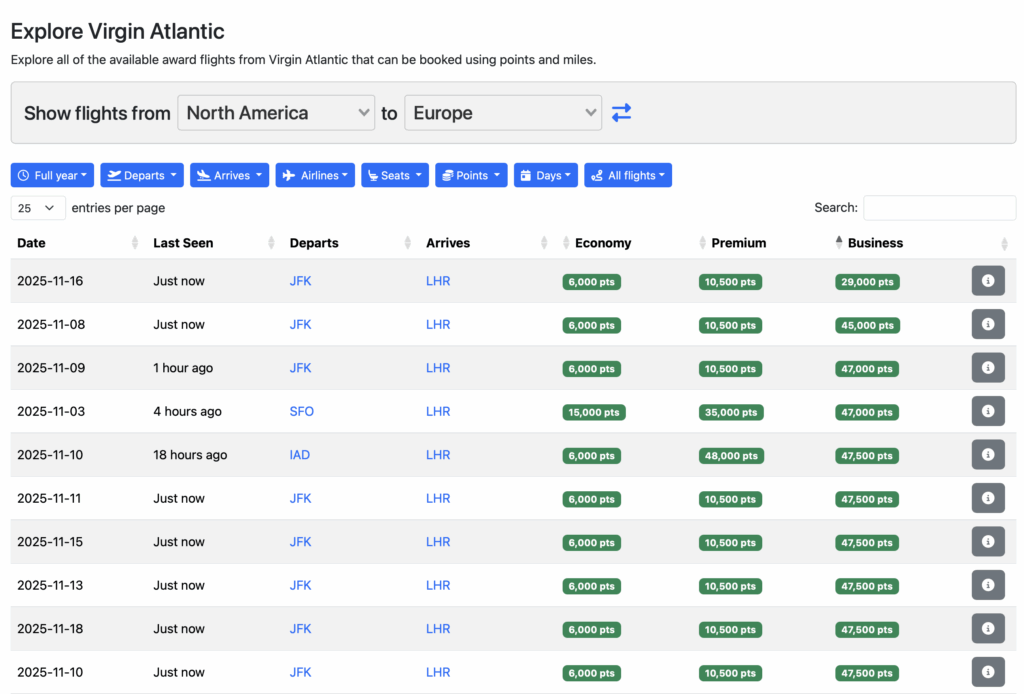 Seats.aero search results to London. 